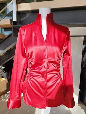 Women’s Red Satin Button-Up Blouse